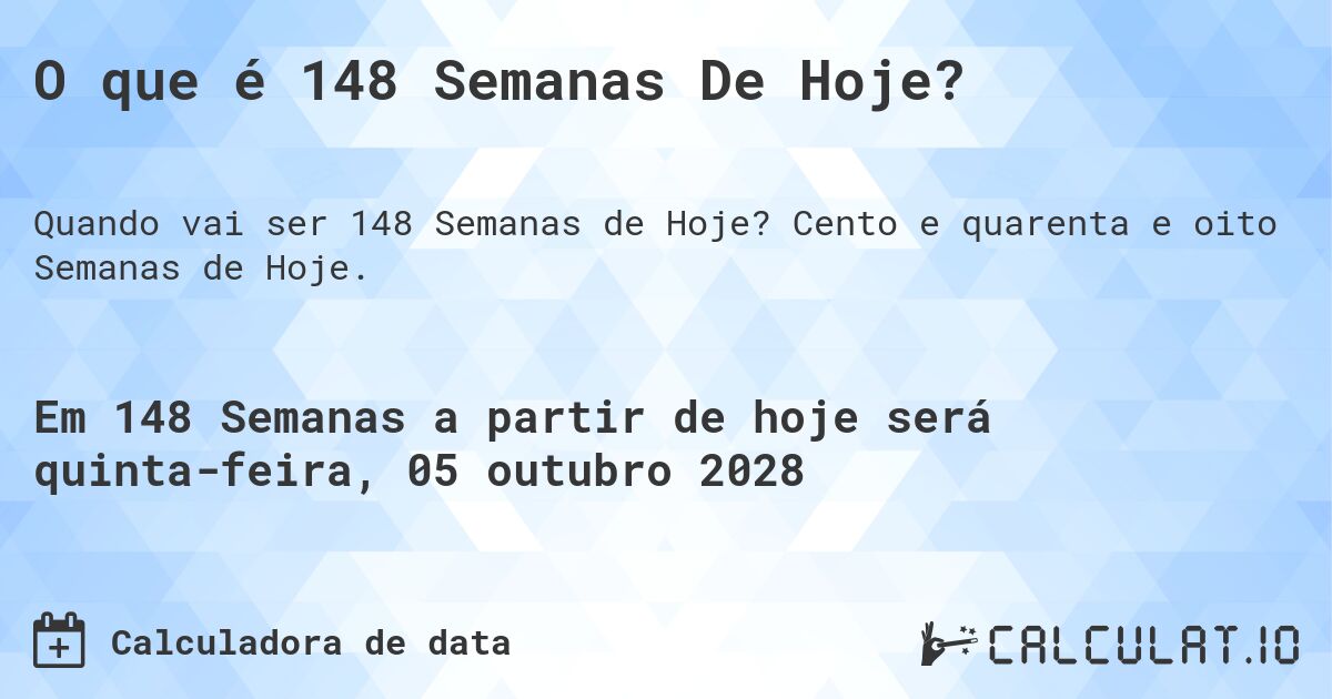 O que é 148 Semanas De Hoje?. Cento e quarenta e oito Semanas de Hoje.