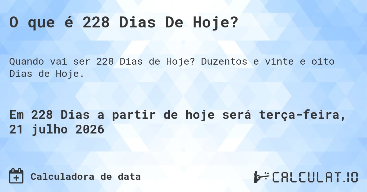 O que é 228 Dias De Hoje?. Duzentos e vinte e oito Dias de Hoje.