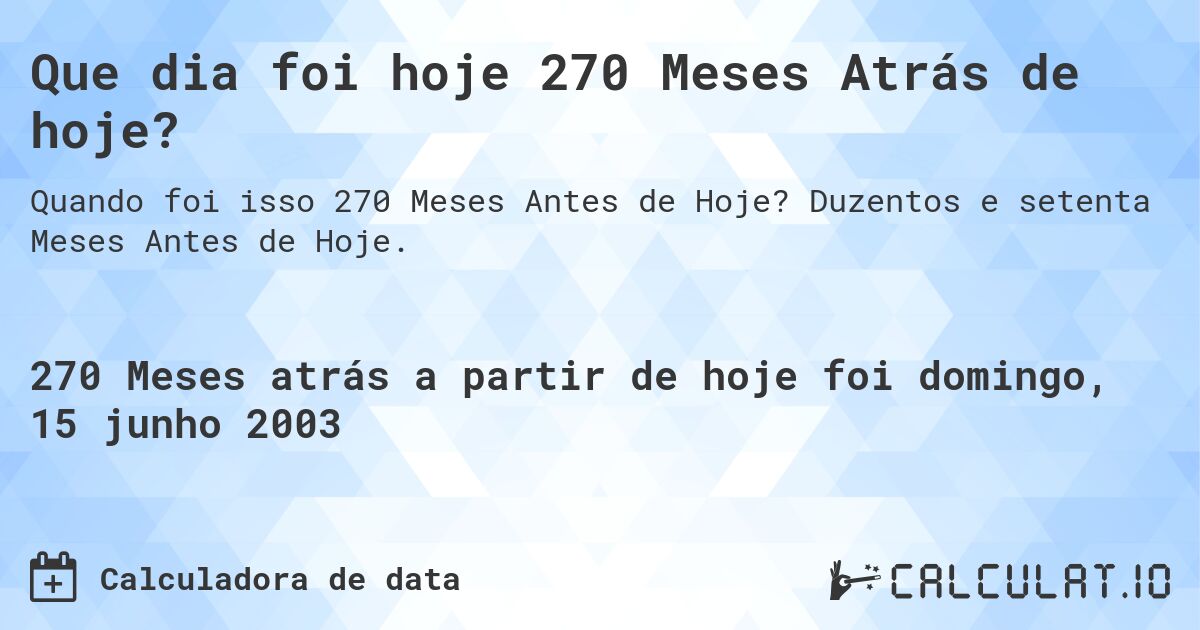 Que dia foi hoje 270 Meses Atrás de hoje?. Duzentos e setenta Meses Antes de Hoje.