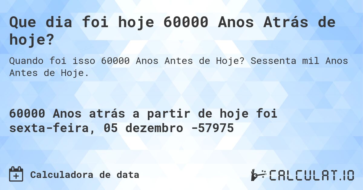 Que dia foi hoje 60000 Anos Atrás de hoje?. Sessenta mil Anos Antes de Hoje.