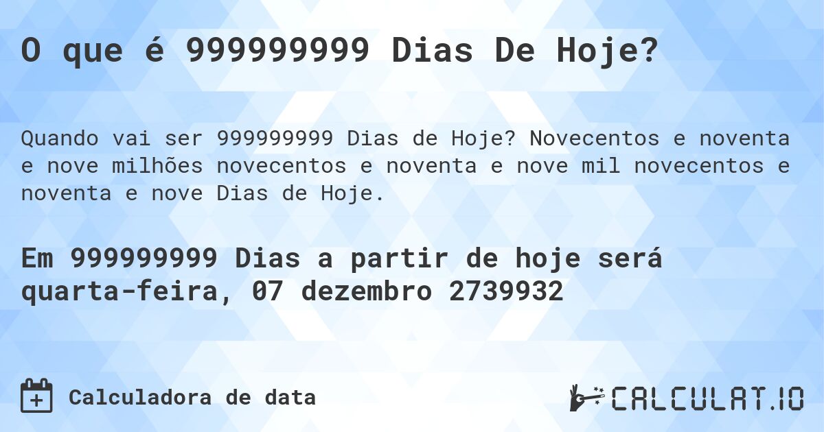 O que é 999999999 Dias De Hoje?. Novecentos e noventa e nove milhões novecentos e noventa e nove mil novecentos e noventa e nove Dias de Hoje.