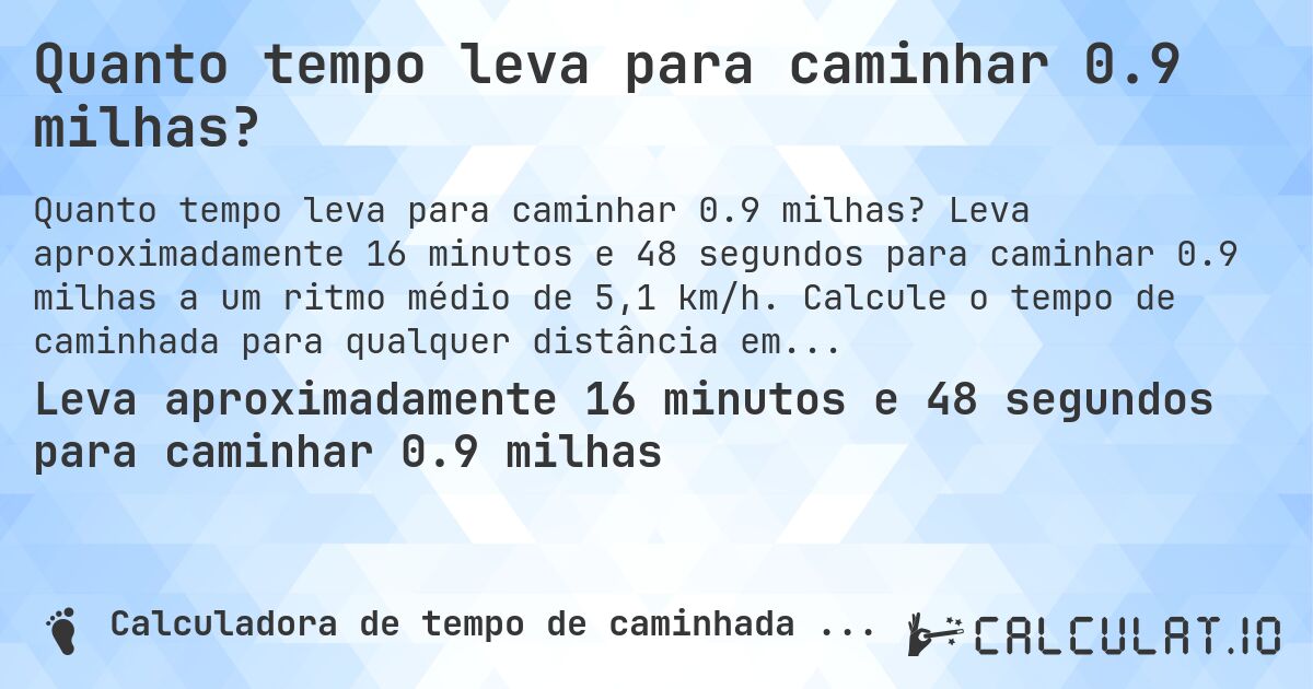Quanto tempo leva para caminhar 0.9 milhas?. Leva aproximadamente 16 minutos e 48 segundos para caminhar 0.9 milhas a um ritmo médio de 5,1 km/h. Calcule o tempo de caminhada para qualquer distância em milhas.