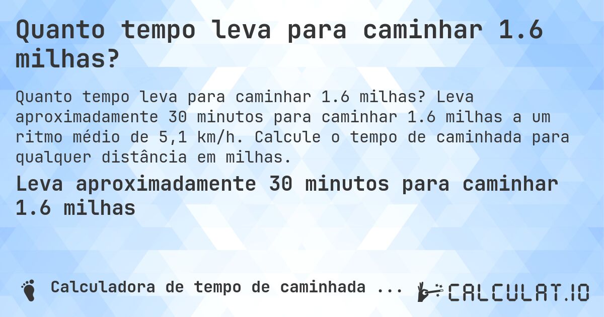 Quanto tempo leva para caminhar 1.6 milhas?. Leva aproximadamente 30 minutos para caminhar 1.6 milhas a um ritmo médio de 5,1 km/h. Calcule o tempo de caminhada para qualquer distância em milhas.