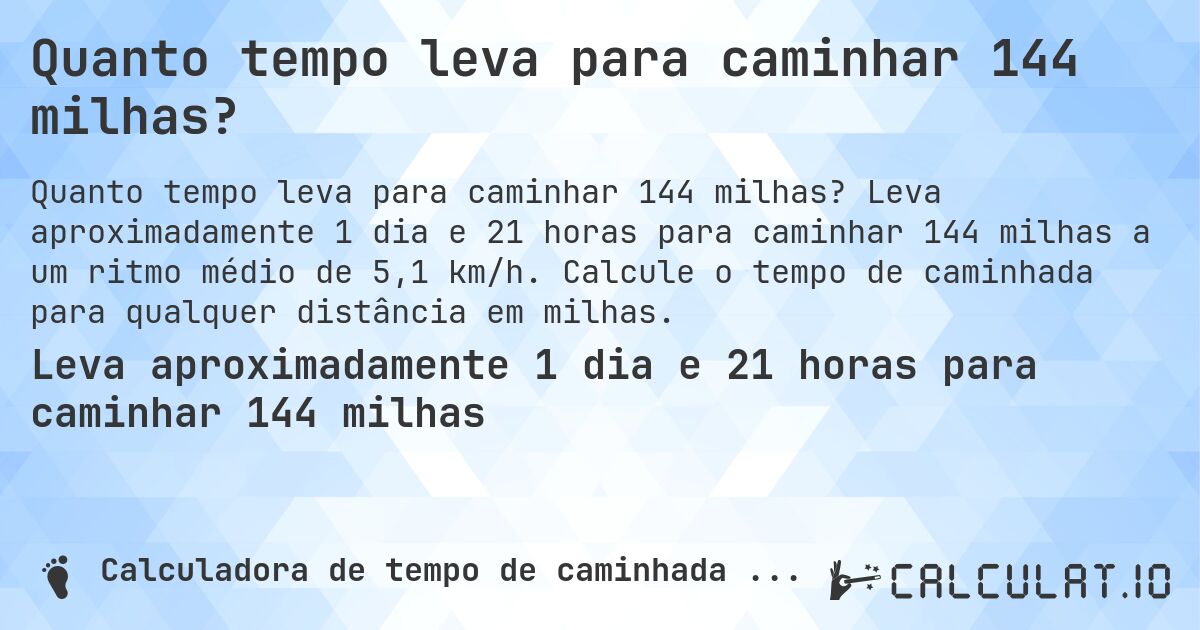 Quanto tempo leva para caminhar 144 milhas?. Leva aproximadamente 1 dia e 21 horas para caminhar 144 milhas a um ritmo médio de 5,1 km/h. Calcule o tempo de caminhada para qualquer distância em milhas.