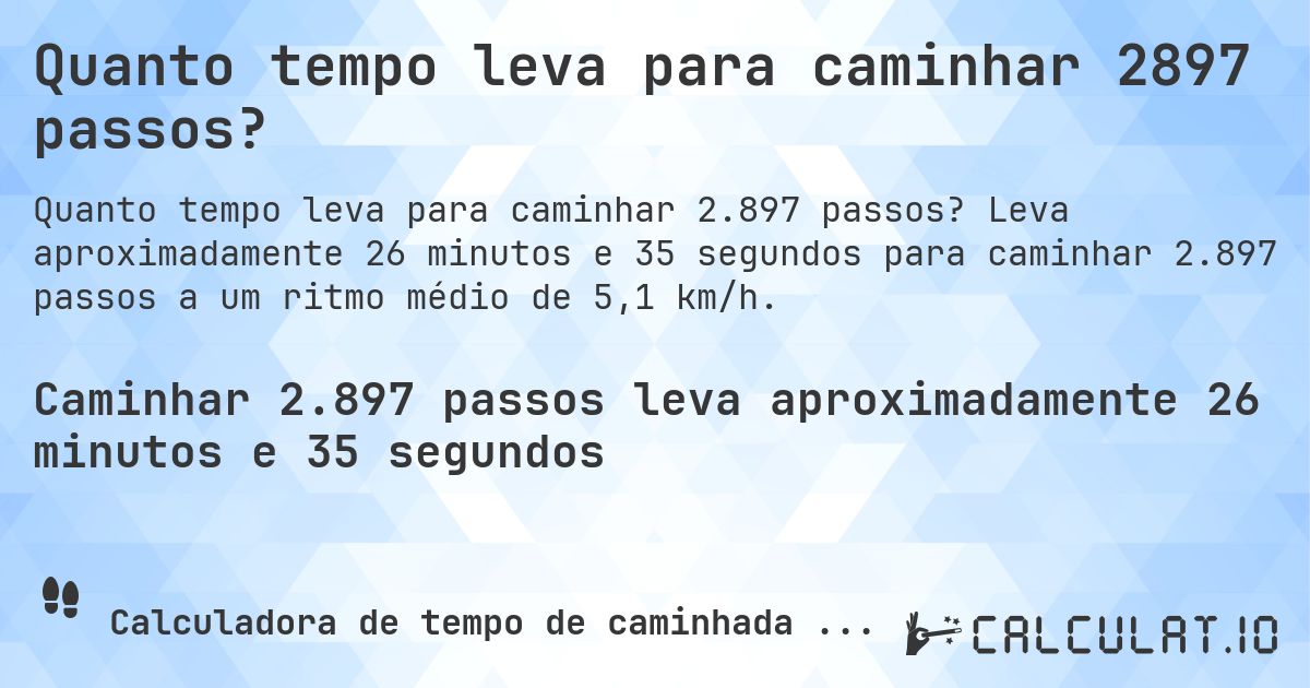 Quanto tempo leva para caminhar 2897 passos?. Leva aproximadamente 26 minutos e 35 segundos para caminhar 2.897 passos a um ritmo médio de 5,1 km/h.