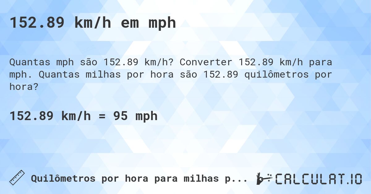 152.89 km/h em mph. Converter 152.89 km/h para mph. Quantas milhas por hora são 152.89 quilômetros por hora?