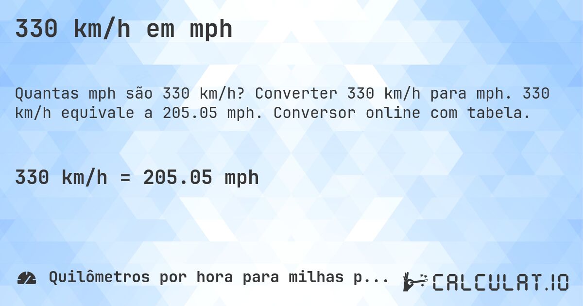 330 km/h em mph. Converter 330 km/h para mph. 330 km/h equivale a 205.05 mph. Conversor online com tabela.