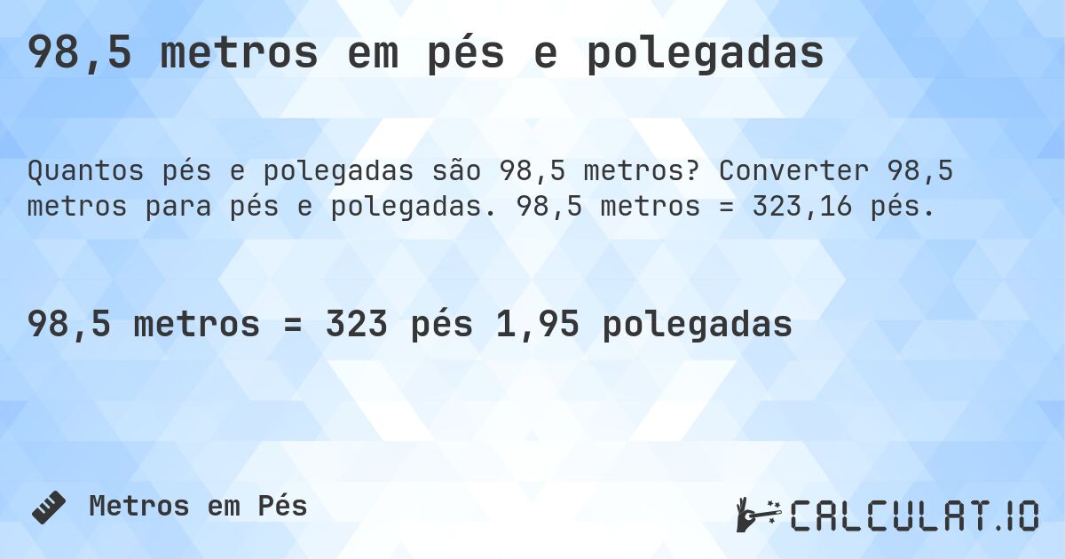98,5 metros em pés e polegadas. Converter 98,5 metros para pés e polegadas. 98,5 metros = 323,16 pés.