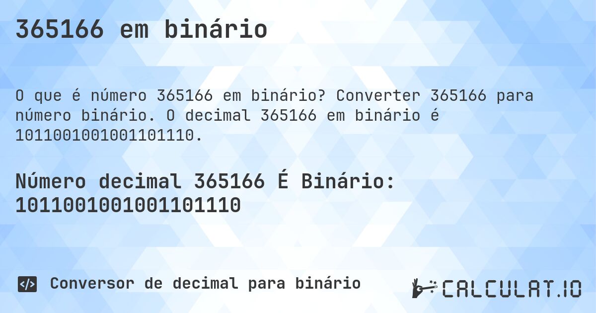 365166 em binário. Converter 365166 para número binário. O decimal 365166 em binário é 1011001001001101110.