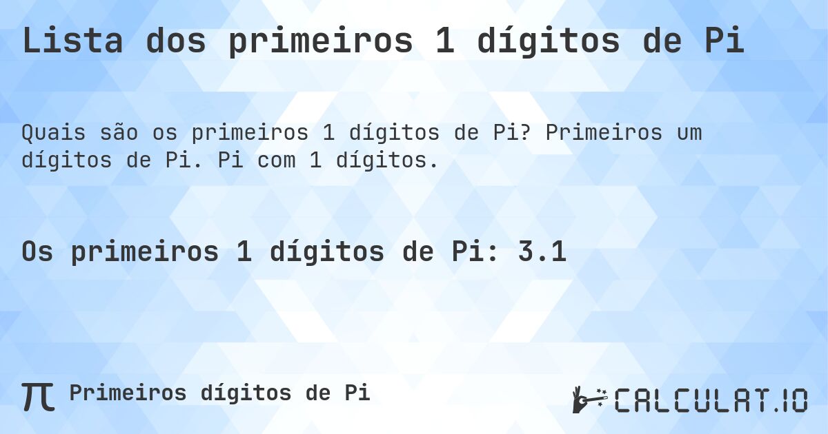Lista dos primeiros 1 dígitos de Pi. Primeiros um dígitos de Pi. Pi com 1 dígitos.