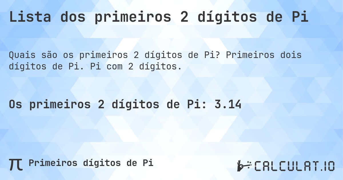Lista dos primeiros 2 dígitos de Pi. Primeiros dois dígitos de Pi. Pi com 2 dígitos.