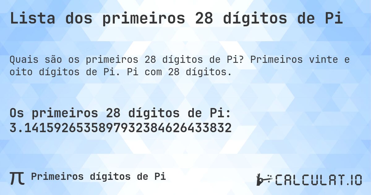 Lista dos primeiros 28 dígitos de Pi. Primeiros vinte e oito dígitos de Pi. Pi com 28 dígitos.