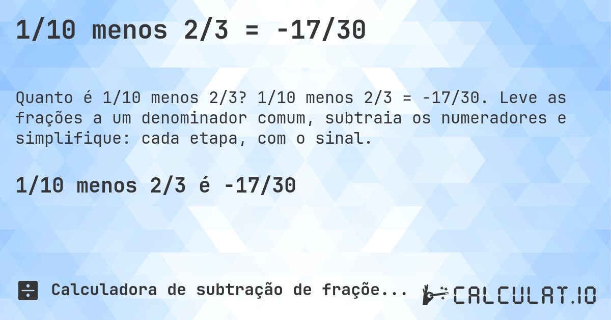 1/10 menos 2/3 = -17/30. 1/10 menos 2/3 = -17/30. Leve as frações a um denominador comum, subtraia os numeradores e simplifique: cada etapa, com o sinal.