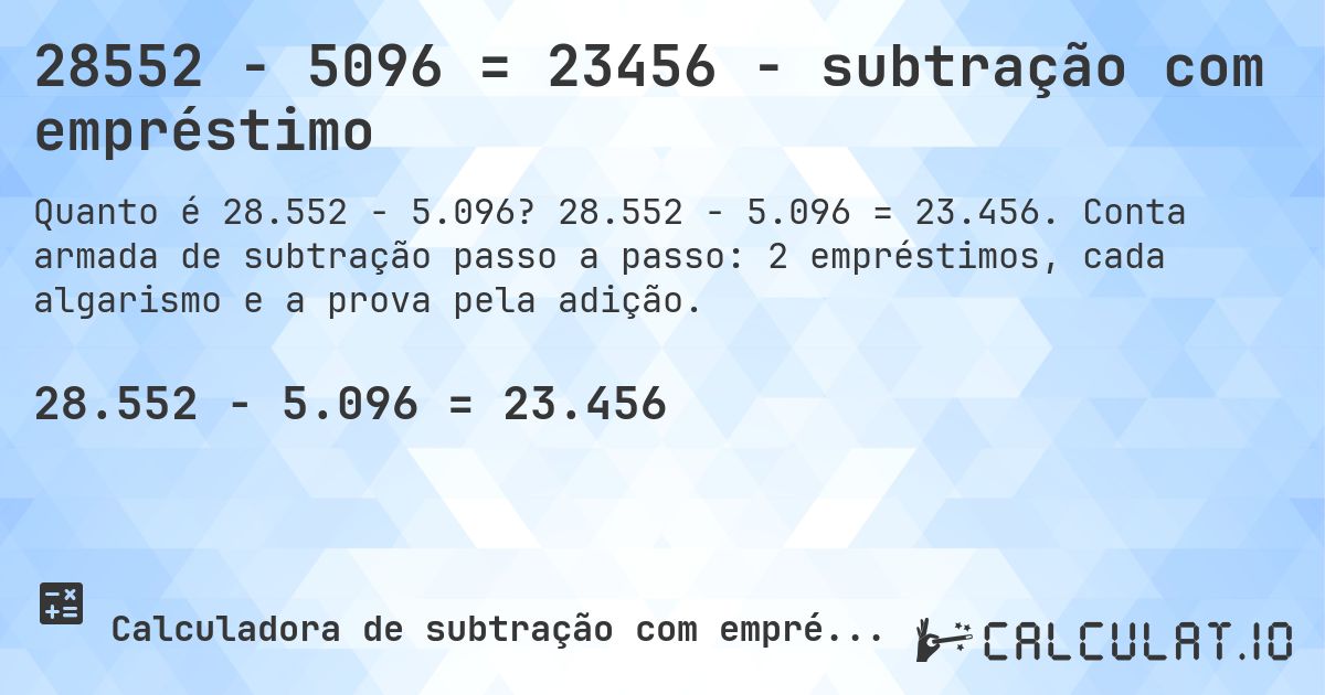 28552 − 5096 = 23456 - subtração com empréstimo. 28.552 − 5.096 = 23.456. Conta armada de subtração passo a passo: 2 empréstimos, cada algarismo e a prova pela adição.