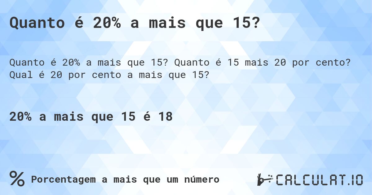 Quanto é 20% a mais que 15?. Quanto é 15 mais 20 por cento? Qual é 20 por cento a mais que 15?