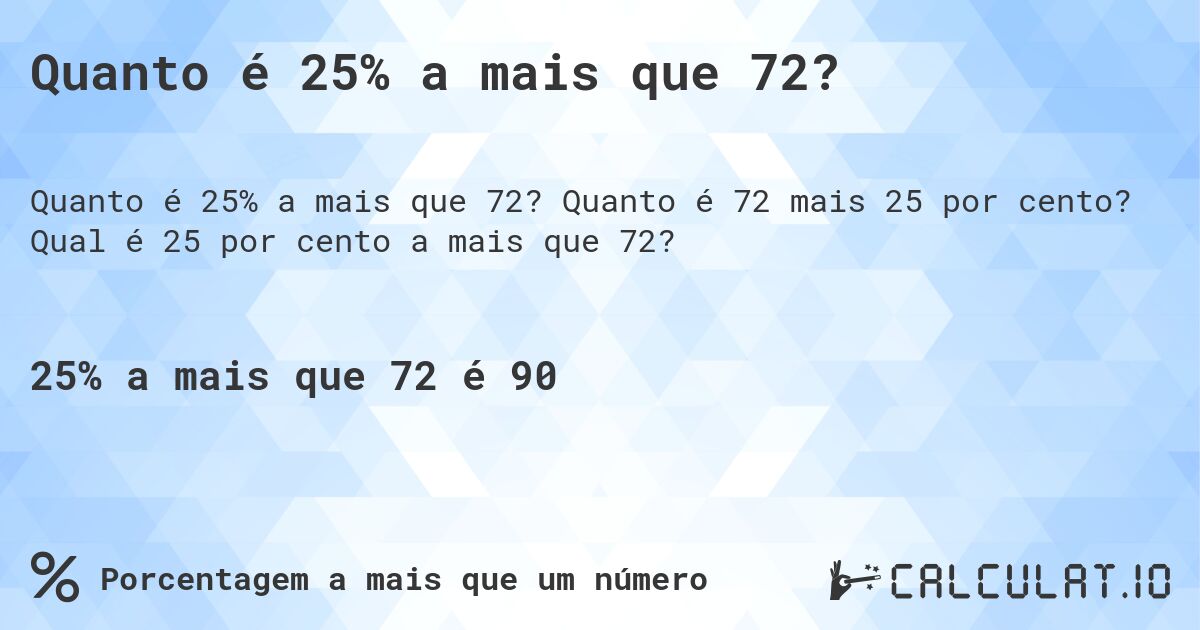 Quanto é 25% a mais que 72?. Quanto é 72 mais 25 por cento? Qual é 25 por cento a mais que 72?