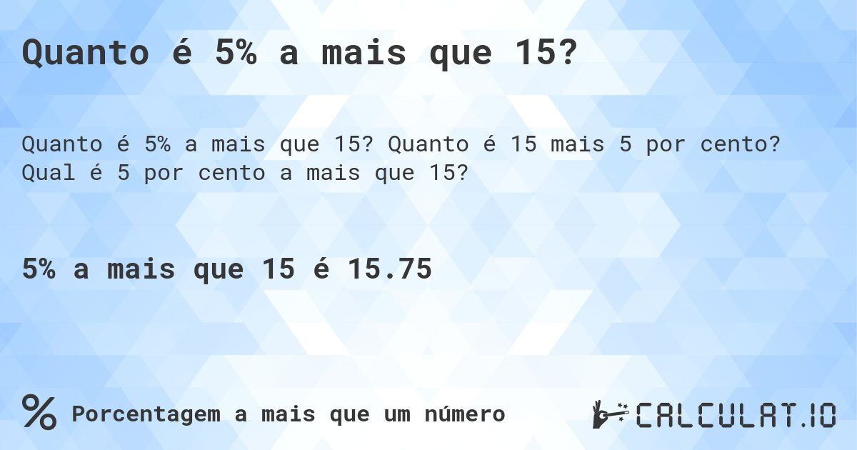 Quanto é 5% a mais que 15?. Quanto é 15 mais 5 por cento? Qual é 5 por cento a mais que 15?