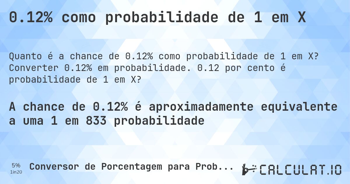 0.12% como probabilidade de 1 em X. Converter 0.12% em probabilidade. 0.12 por cento é probabilidade de 1 em X?