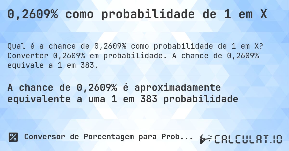 0,2609% como probabilidade de 1 em X. Converter 0,2609% em probabilidade. A chance de 0,2609% equivale a 1 em 383.