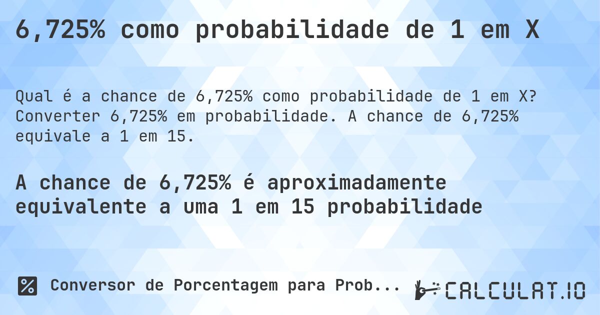 6,725% como probabilidade de 1 em X. Converter 6,725% em probabilidade. A chance de 6,725% equivale a 1 em 15.