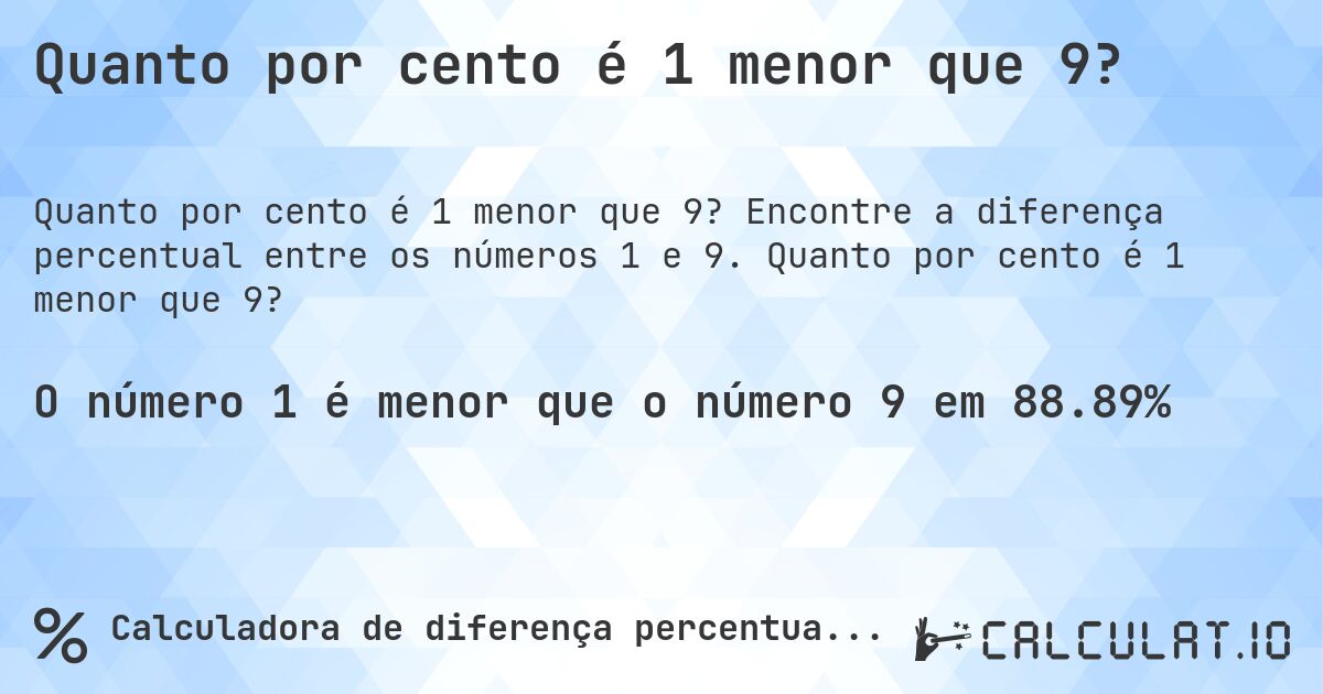 Quanto por cento é 1 menor que 9?. Encontre a diferença percentual entre os números 1 e 9. Quanto por cento é 1 menor que 9?