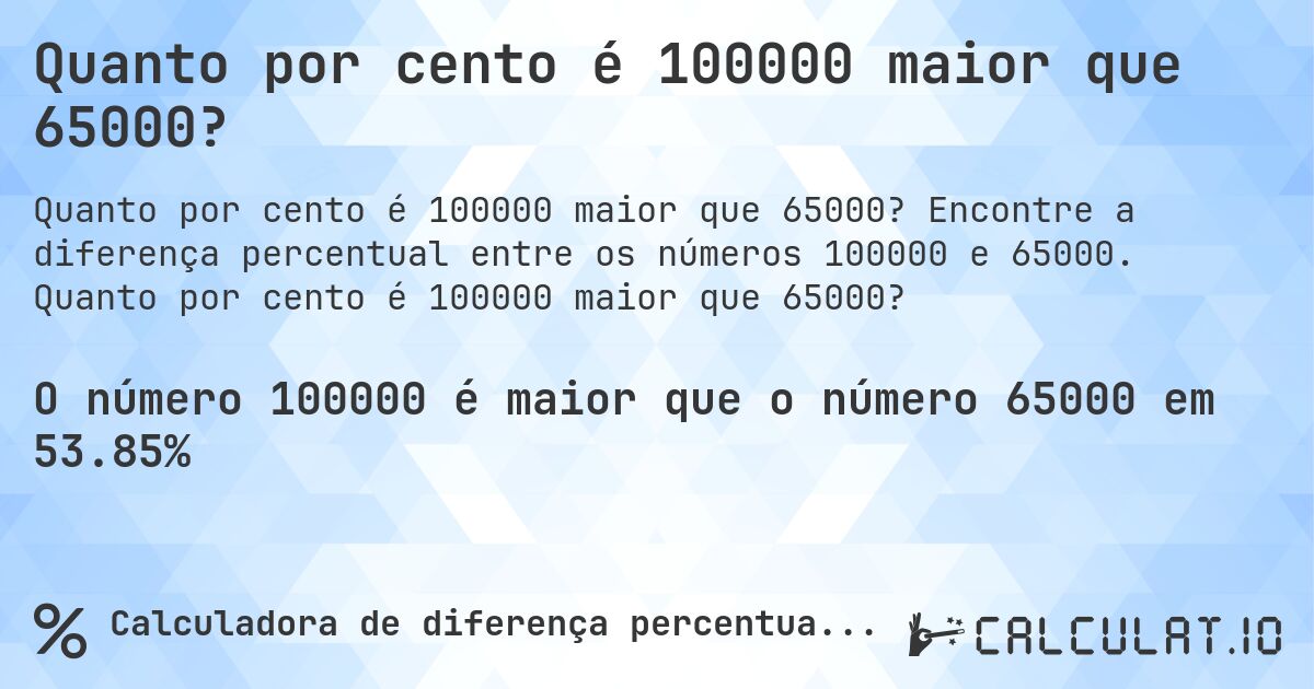 Quanto por cento é 100000 maior que 65000?. Encontre a diferença percentual entre os números 100000 e 65000. Quanto por cento é 100000 maior que 65000?