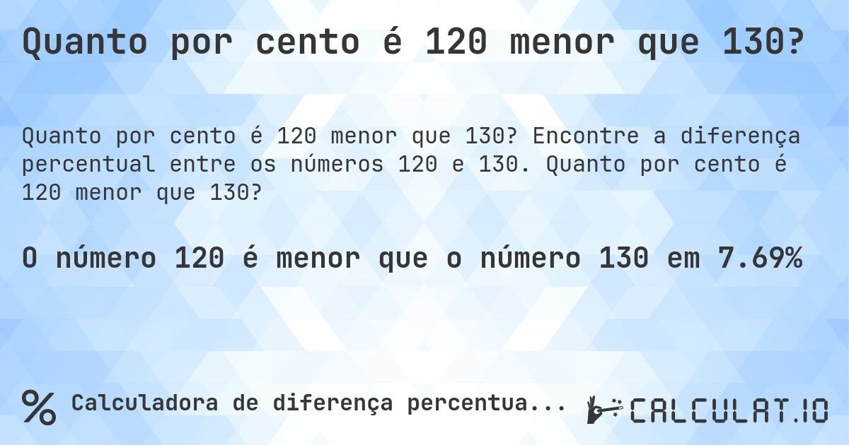 Quanto por cento é 120 menor que 130?. Encontre a diferença percentual entre os números 120 e 130. Quanto por cento é 120 menor que 130?
