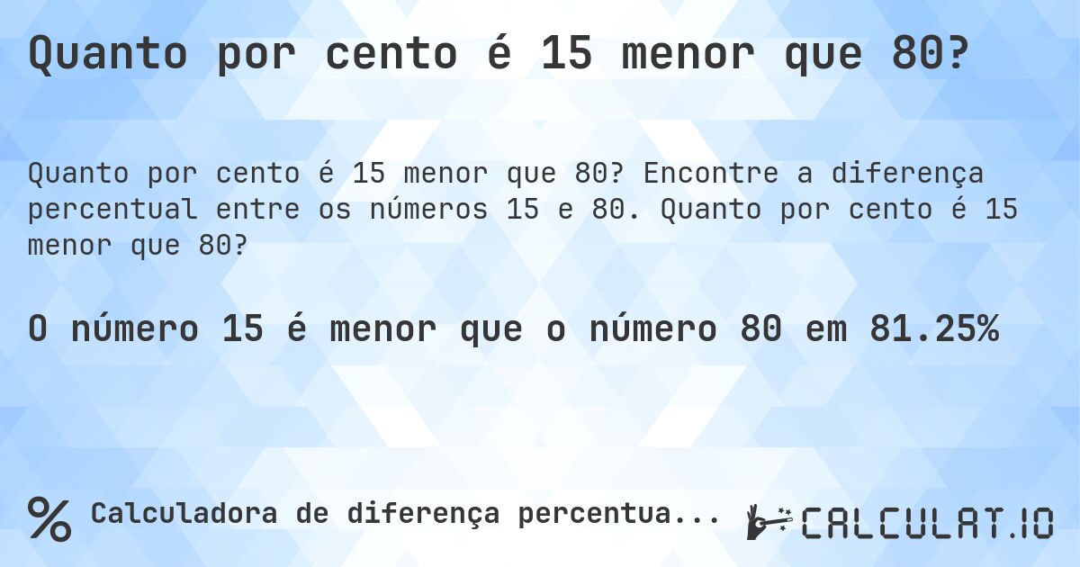 Quanto por cento é 15 menor que 80?. Encontre a diferença percentual entre os números 15 e 80. Quanto por cento é 15 menor que 80?