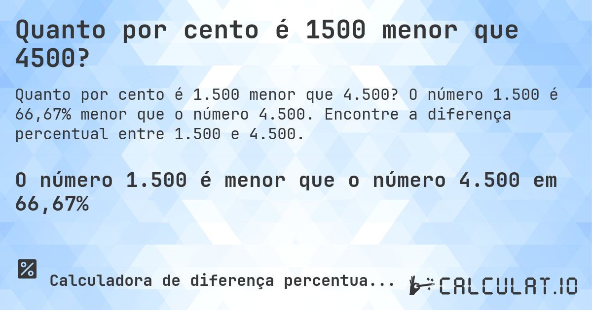 Quanto por cento é 1500 menor que 4500?. O número 1.500 é 66,67% menor que o número 4.500. Encontre a diferença percentual entre 1.500 e 4.500.