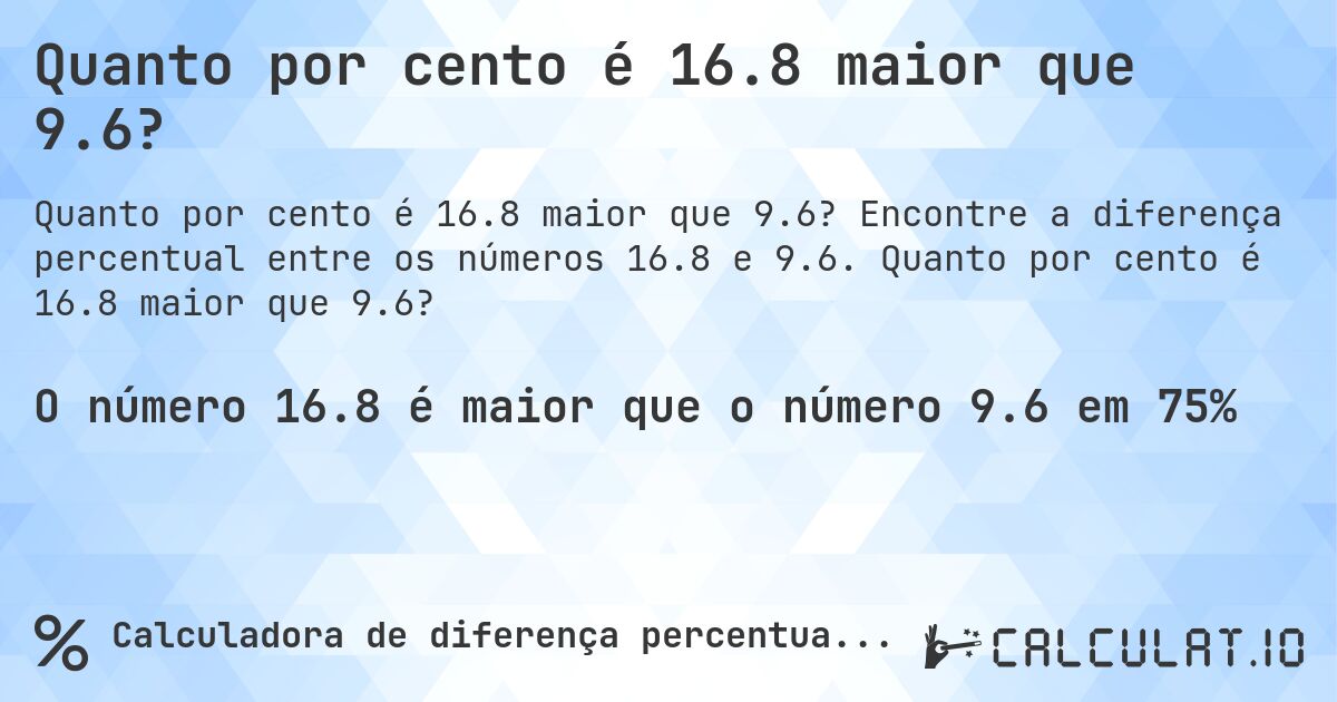 Quanto por cento é 16.8 maior que 9.6?. Encontre a diferença percentual entre os números 16.8 e 9.6. Quanto por cento é 16.8 maior que 9.6?