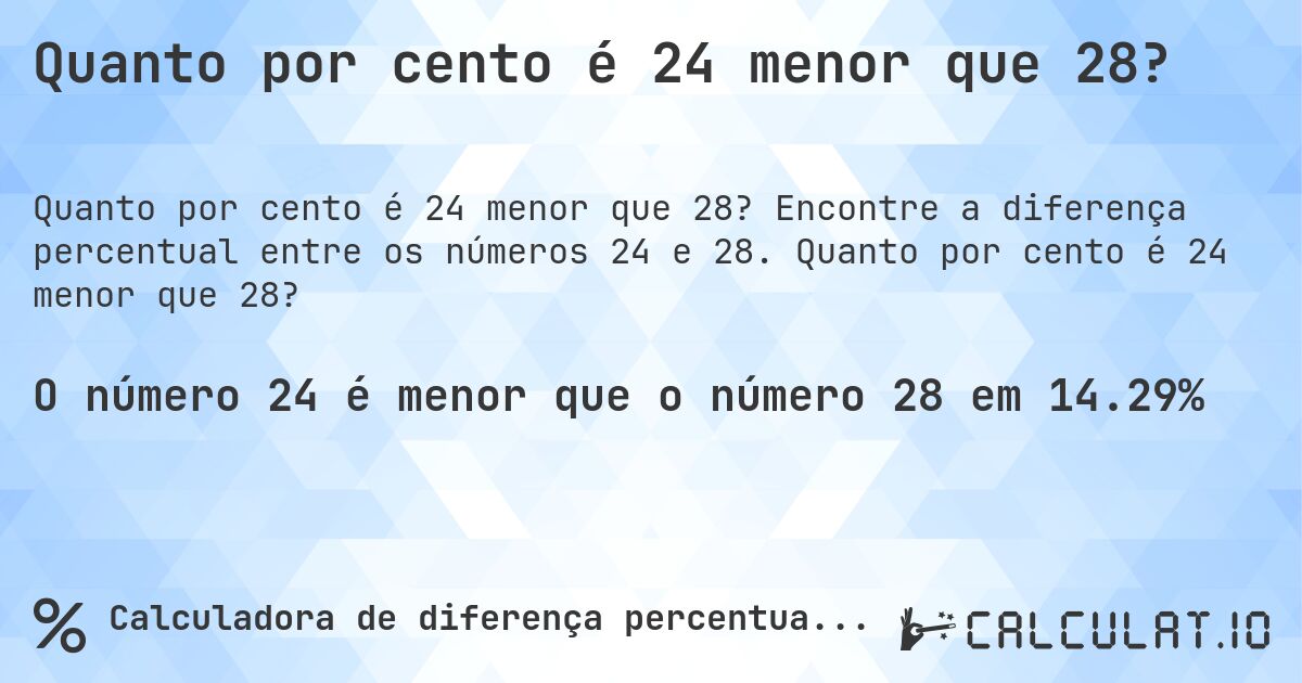 Quanto por cento é 24 menor que 28?. Encontre a diferença percentual entre os números 24 e 28. Quanto por cento é 24 menor que 28?