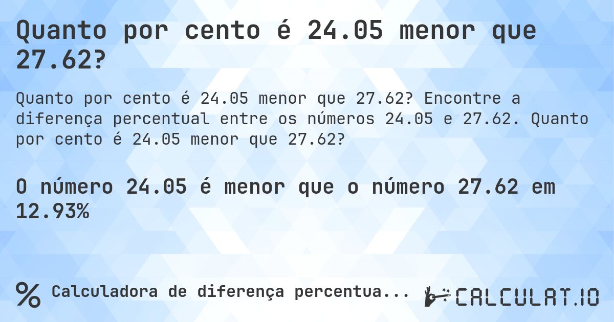 Quanto por cento é 24.05 menor que 27.62?. Encontre a diferença percentual entre os números 24.05 e 27.62. Quanto por cento é 24.05 menor que 27.62?