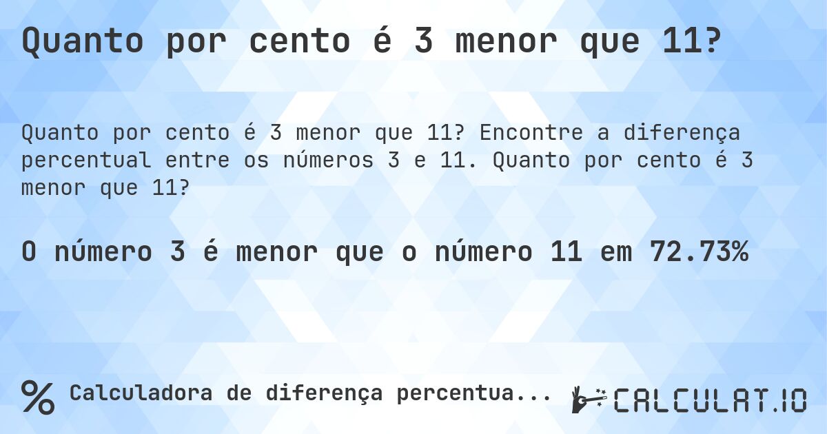 Quanto por cento é 3 menor que 11?. Encontre a diferença percentual entre os números 3 e 11. Quanto por cento é 3 menor que 11?