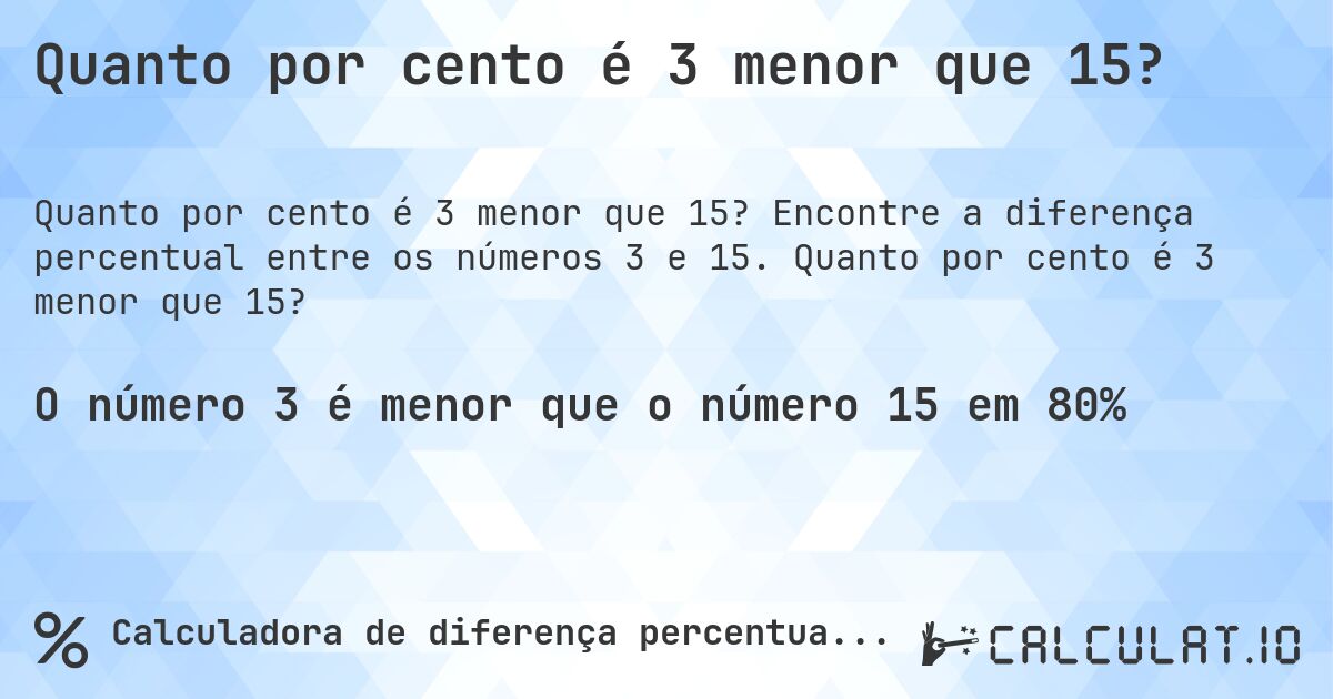 Quanto por cento é 3 menor que 15?. Encontre a diferença percentual entre os números 3 e 15. Quanto por cento é 3 menor que 15?