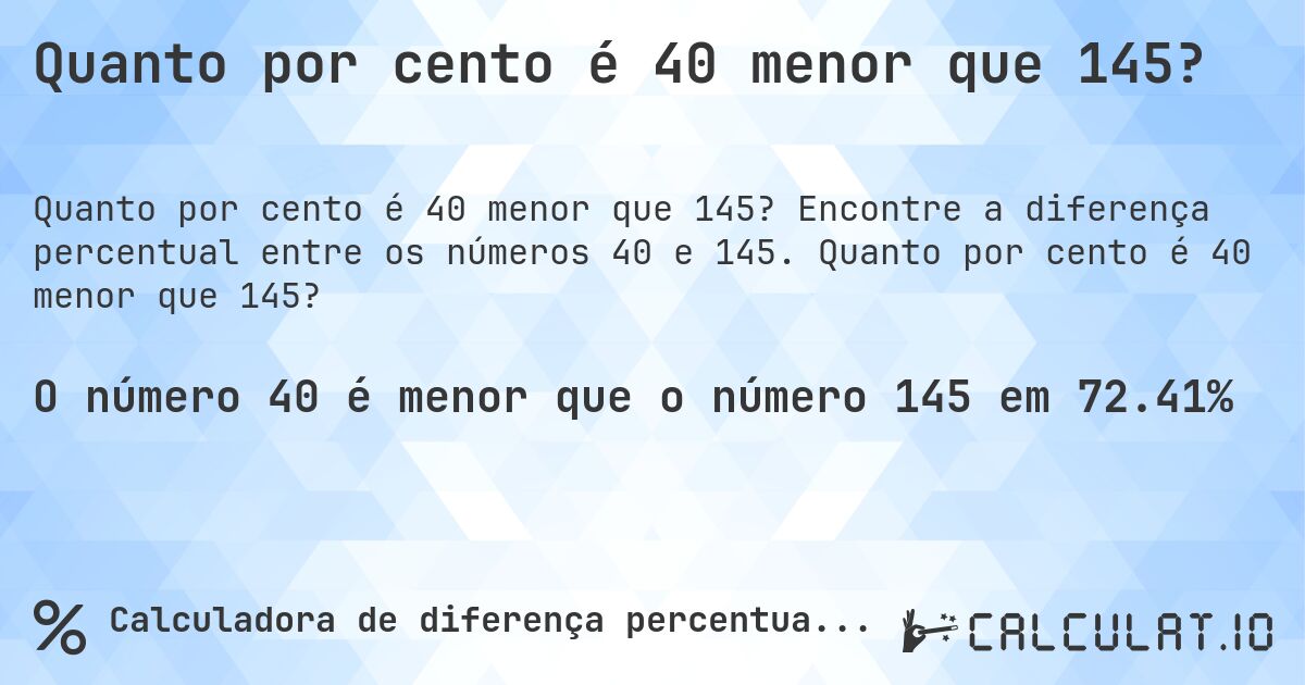 Quanto por cento é 40 menor que 145?. Encontre a diferença percentual entre os números 40 e 145. Quanto por cento é 40 menor que 145?