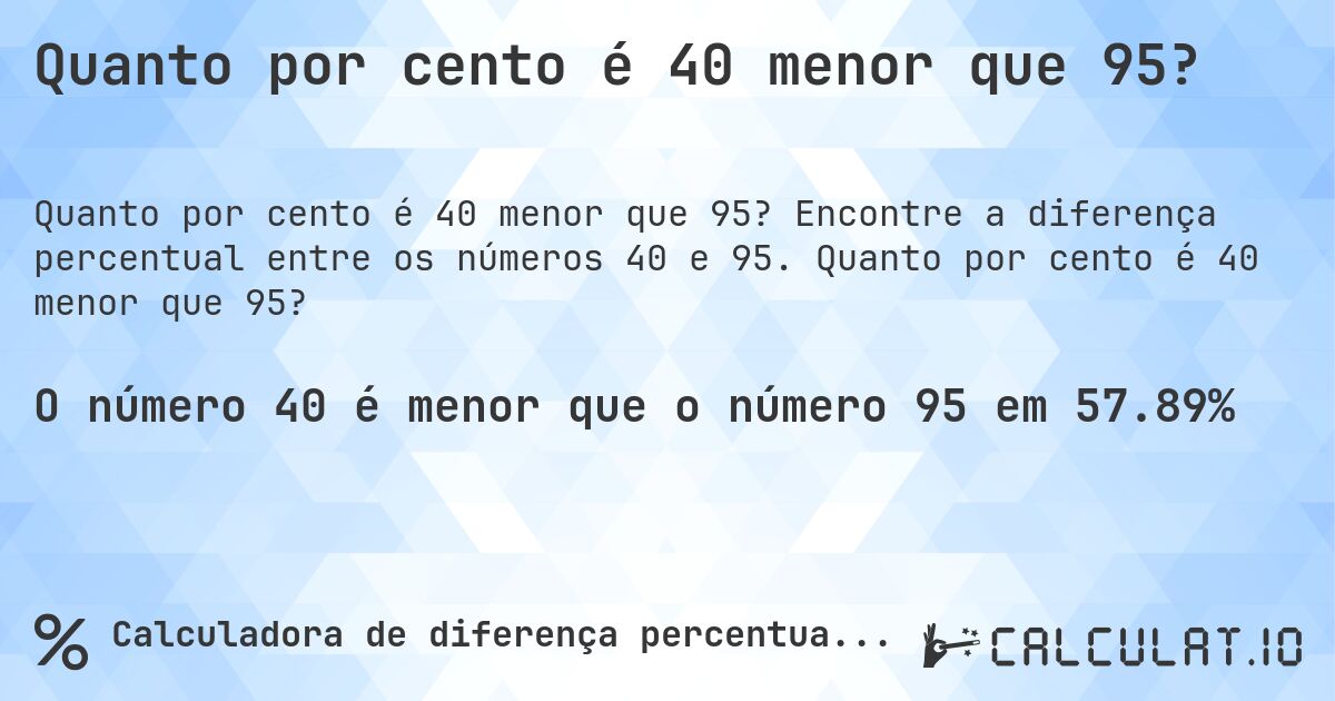 Quanto por cento é 40 menor que 95?. Encontre a diferença percentual entre os números 40 e 95. Quanto por cento é 40 menor que 95?