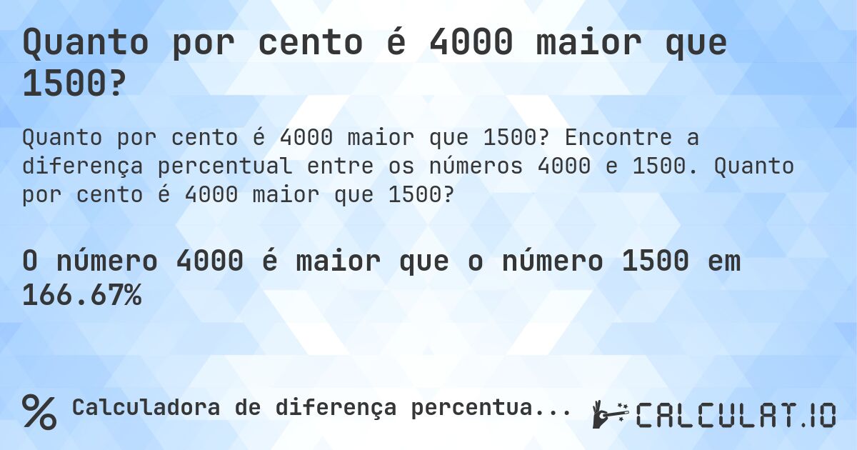 Quanto por cento é 4000 maior que 1500?. Encontre a diferença percentual entre os números 4000 e 1500. Quanto por cento é 4000 maior que 1500?