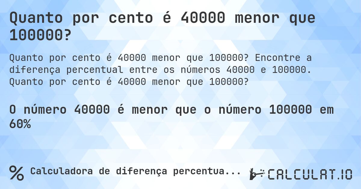 Quanto por cento é 40000 menor que 100000?. Encontre a diferença percentual entre os números 40000 e 100000. Quanto por cento é 40000 menor que 100000?