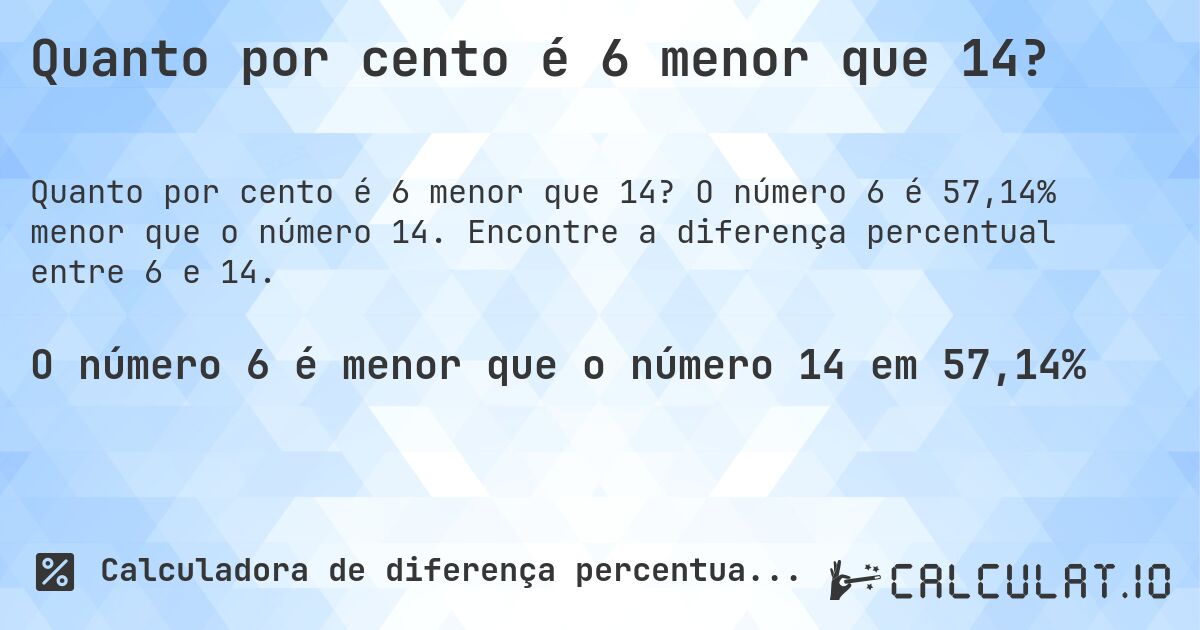 Quanto por cento é 6 menor que 14?. O número 6 é 57,14% menor que o número 14. Encontre a diferença percentual entre 6 e 14.