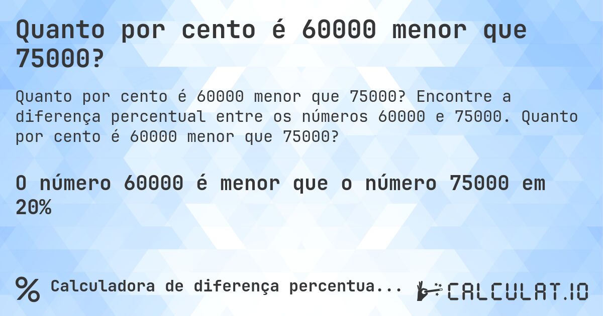 Quanto por cento é 60000 menor que 75000?. Encontre a diferença percentual entre os números 60000 e 75000. Quanto por cento é 60000 menor que 75000?