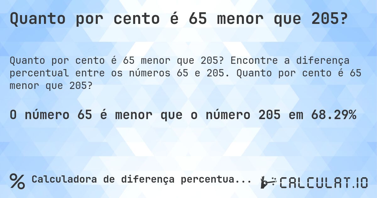 Quanto por cento é 65 menor que 205?. Encontre a diferença percentual entre os números 65 e 205. Quanto por cento é 65 menor que 205?
