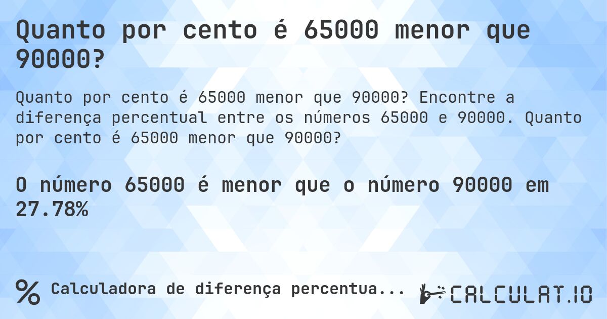 Quanto por cento é 65000 menor que 90000?. Encontre a diferença percentual entre os números 65000 e 90000. Quanto por cento é 65000 menor que 90000?