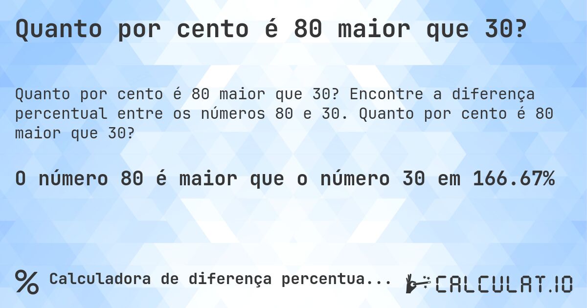 Quanto por cento é 80 maior que 30?. Encontre a diferença percentual entre os números 80 e 30. Quanto por cento é 80 maior que 30?