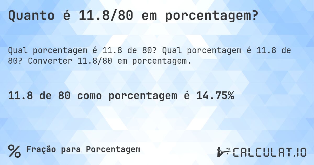 Quanto é 11.8/80 em porcentagem?. Qual porcentagem é 11.8 de 80? Converter 11.8/80 em porcentagem.