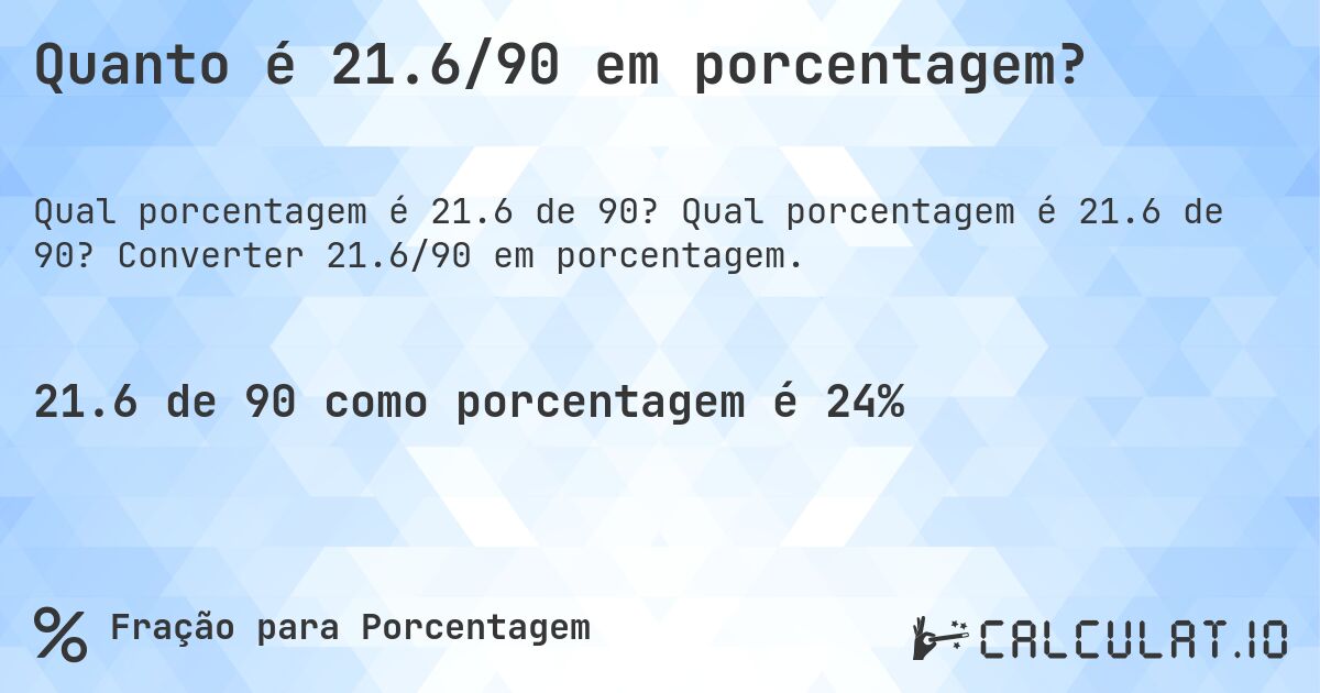 Quanto é 21.6/90 em porcentagem?. Qual porcentagem é 21.6 de 90? Converter 21.6/90 em porcentagem.
