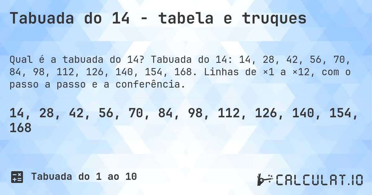 Tabuada do 14 - tabela e truques. Tabuada do 14: 14, 28, 42, 56, 70, 84, 98, 112, 126, 140, 154, 168. Linhas de ×1 a ×12, com o passo a passo e a conferência.