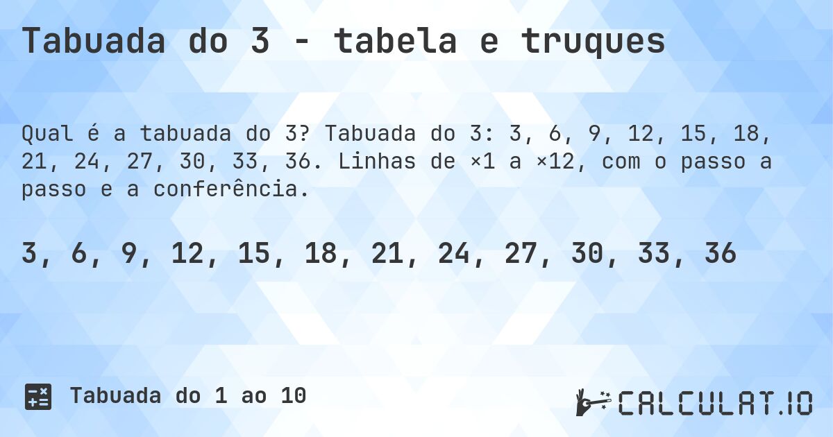 Tabuada do 3 - tabela e truques. Tabuada do 3: 3, 6, 9, 12, 15, 18, 21, 24, 27, 30, 33, 36. Linhas de ×1 a ×12, com o passo a passo e a conferência.