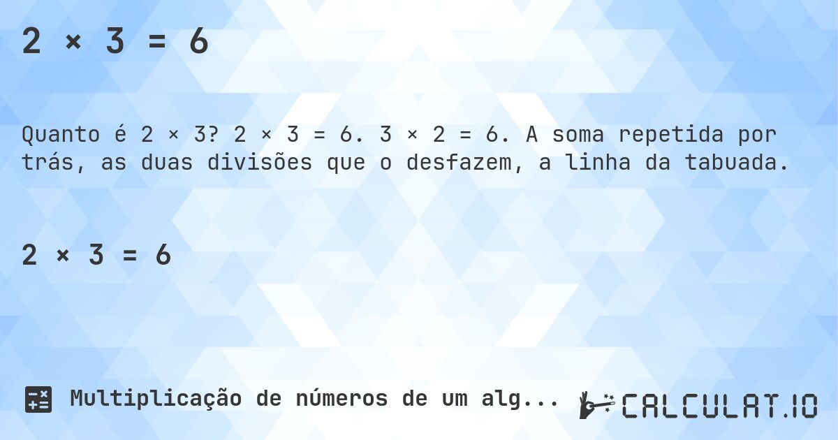 2 × 3 = 6. 2 × 3 = 6. 3 × 2 = 6. A soma repetida por trás, as duas divisões que o desfazem, a linha da tabuada.