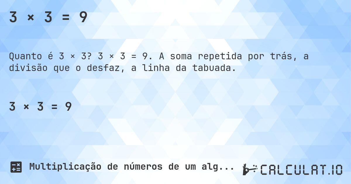 3 × 3 = 9. 3 × 3 = 9. A soma repetida por trás, a divisão que o desfaz, a linha da tabuada.