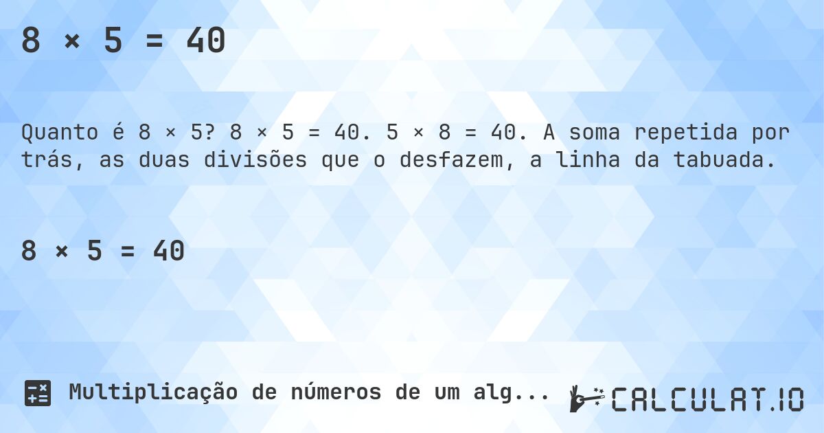 8 × 5 = 40. 8 × 5 = 40. 5 × 8 = 40. A soma repetida por trás, as duas divisões que o desfazem, a linha da tabuada.